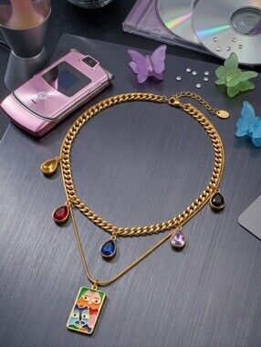 Gold Layered Charm Necklace Abstract Face Pendant Colorful Crystal Y2K 17"
